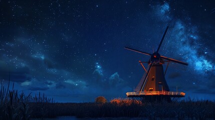 traditional windmill in countryside with blue night starring sky.