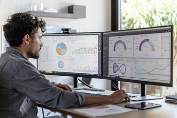 Wall Mural - Professional business people using computer to research reports growth and finance chart on screen