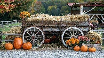 Wall Mural - Wooden wagon decorated with pumpkins flowers hay bales in Autumn in farm