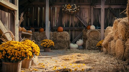 Wall Mural - Interior view of barn house decorated with Autumn pumpkins.