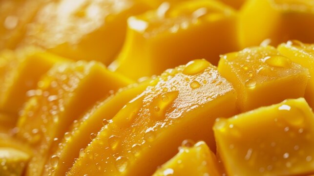 A closeup shot of a juicy mango sliced and ready to be devoured highlighting the sweet and tropical flavors of this popular fruit.