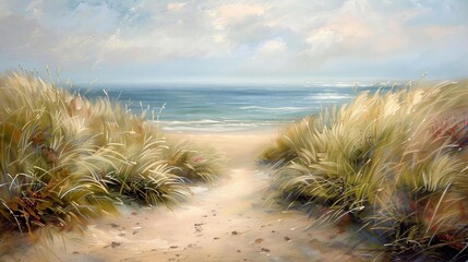 Wall Mural - Walkway at sandy beach leading tropical sea with grass