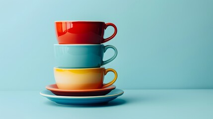 composition of bright colorful ceramic mugs stacked on round shaped saucer against blue background