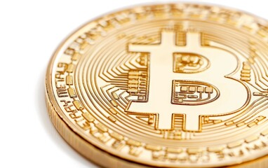 Close-up of a single Bitcoin coin, gold texture, intricate design, digital currency symbol, isolated white background, high resolution, financial technology 