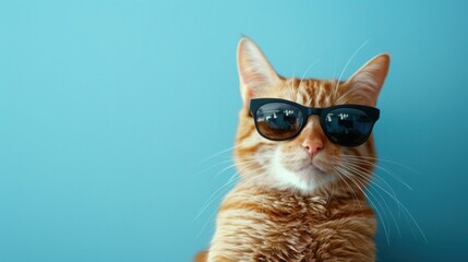 Cool cat in shades stylish orange tabby posing on blue background for travel and fashion concept