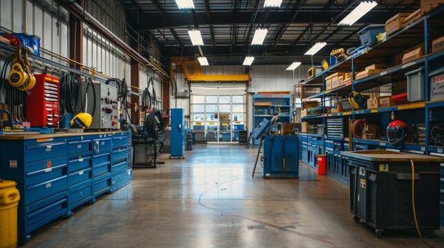 A large open garage with two orange workbenches and a lot of tools