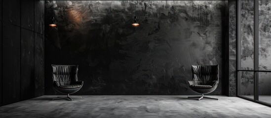 Wall Mural - A room with two black chairs and a wall with a black background. The chairs are empty and the room is very empty