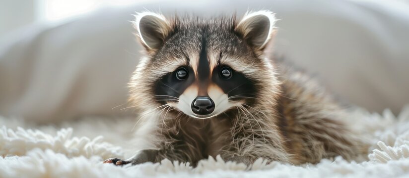 A baby raccoon is laying on a white blanket