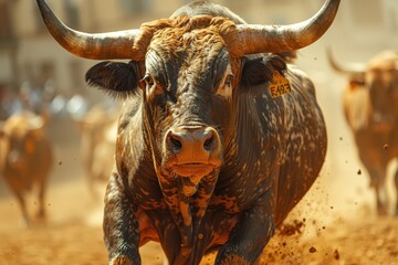 Intensely focused bull standing in the center of a sunny arena covered in dust particles