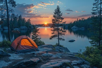 Wall Mural - An idyllic camping location with a tent on a rocky shore capturing the beauty of a lake at sunset with trees silhouetted