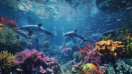 Wall Mural - Two dolphins swimming in a coral reef