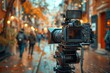© LifeMedia - High-quality professional video camera set on a tripod filming a bokeh-filled city street with pedestrians