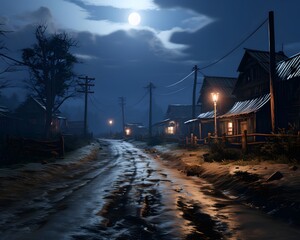Wall Mural - Night scene of a rural road in the countryside with a full moon