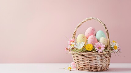 Wall Mural - a full basket of colorful easter eggs on wooden table