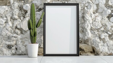 Wall Mural - Cactus plant in black frame on white floor against stone wall Industrial mockup