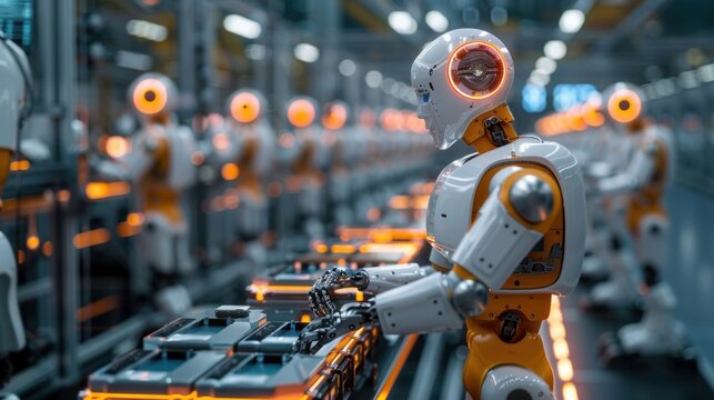 A futuristic high-tech factory with robots assembling electronic devices on a pristine production line 