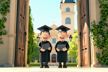 Two happy cartoon graduates stand in front of a grand university building, ready for their future.