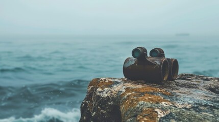 Canvas Print - A pair of binoculars rests on a sturdy rock overlooking the ocean, where wind waves crash against the rocky shores and liquid water meets solid bedrock AIG50