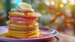 © Justlight - A stack of colorful tropical pancakes drizzled with coconut syrup and topped with banana slices a musthave for capturing the delicious and photogenic side of island breakfasts.
