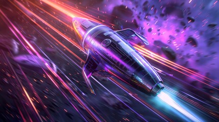 Wall Mural - a cold metallic textures purple gradient sports rocket with anti-gravity technology that propels it through above a simple universe, colorful light trails appear, color grading, ultra-wide angle, deph