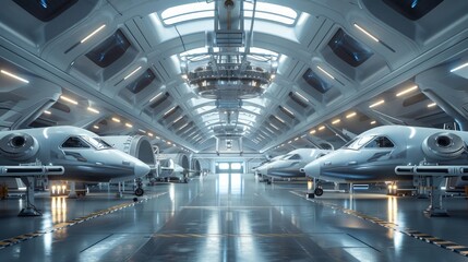 A futuristic space tourism vehicle manufacturing plant with assembly lines for spaceplanes 