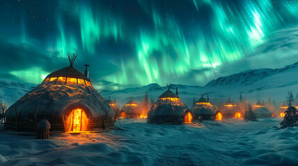 Wall Mural - Alaskan igloos on the snowy ground with beautiful aurora borealis on the sky