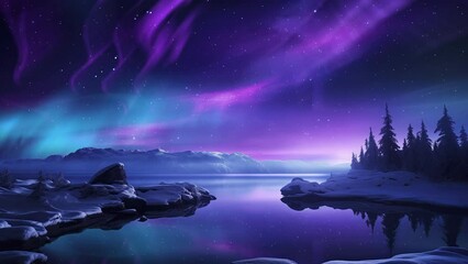 north pole aurora above trees reflections on water loop
