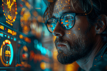 Poster - A financial analyst studying market trends and economic indicators. Concept of economic analysis and forecasting. Generative Ai.