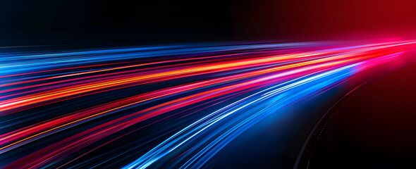 Wall Mural - Abstract illustration depicting high-speed light trails in 3D, creating a dynamic and futuristic backdrop. The red and blue light motion trails convey a sense of fast movement and modern technology.