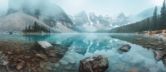 Wall Mural - Crystal Clear Lake Surrounded by Misty Mountains