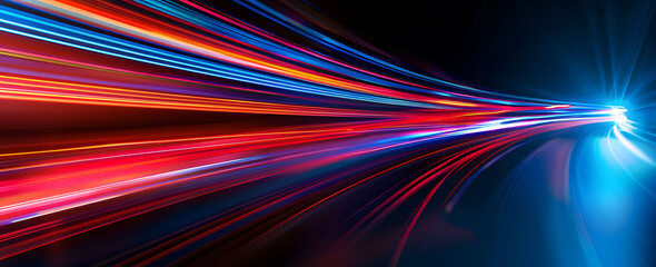 Wall Mural - Abstract illustration depicting high-speed light trails in 3D, creating a dynamic and futuristic backdrop. The red and blue light motion trails convey a sense of fast movement and modern technology.