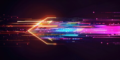 Poster - a colorful arrow made of glowing light beams, pointing right at the center on a black background he 