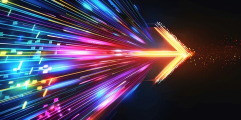 A colorful arrow made of glowing light beams on a black background The vibrant colors create an eye-catching effect that adds energy to your design Generative AI