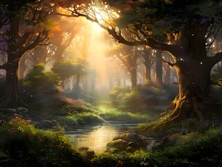 Wall Mural - Fantasy landscape with a river flowing through the forest in the morning