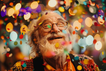 Wall Mural - An elderly man with a joyous expression surrounded by colorful confetti in a celebration atmosphere, symbolizing happiness and the vibrant spirit of life, perfect for festive occasions