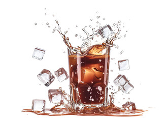 Wall Mural - Falling ice cubes into coffee, splash of brown or cream liquid isolated on white background PNG