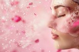 Applying rose water spray to face with copy space 