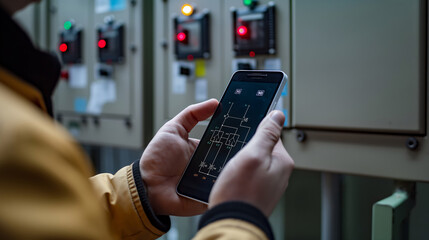 hand holding a smartphone displaying an electrical wiring application in front of an electrical panel box