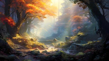 Wall Mural - Digital painting of a river flowing through a forest at sunset. Colorful autumn landscape.