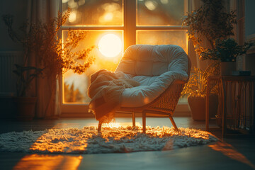 Wall Mural - A warm sunbeam illuminating a comfortable armchair. Concept of natural warmth and relaxation. Generative Ai.
