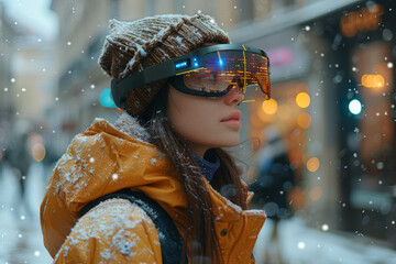 Poster - a person using augmented reality glasses to navigate a city. concept of augmented reality and urban 