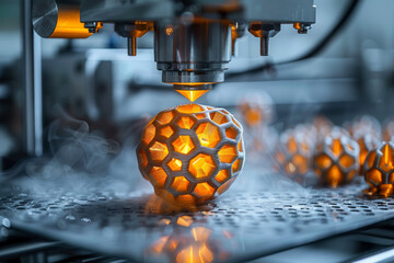 Poster - a 3d printer creating a complex geometric structure. concept of advanced manufacturing and prototypi
