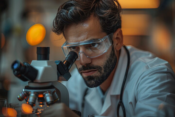 Poster - A scientist examining a sample with a high-tech microscope. Concept of cutting-edge medical research. Generative Ai.