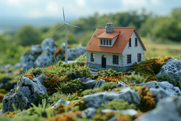 Poster - a compact wind turbine generating electricity for a home. concept of small-scale renewable energy so