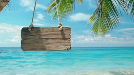 an empty wooden signboard hanging from a palm tree on a pristine tropical beach, with clear turquois