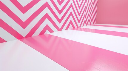 Wall Mural - Bubblegum pink and white zigzag stripes, bold design, wide-angle view, fun and energetic atmosphere 