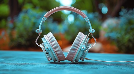 Wall Mural - a headphones on a cyan table neon-infused 