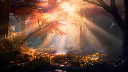 Wall Mural - Autumn forest with fog and sunbeams. Panorama.