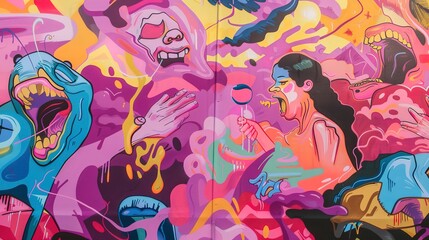 Wall Mural - Hot pink mural with street art characters, wide-angle view, colorful and expressive, lively and energetic 