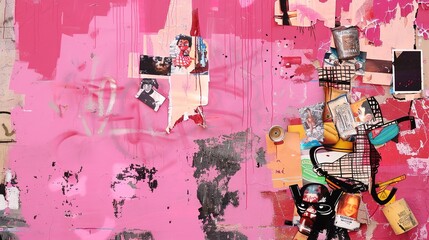 Poster - Pink wall with street art collage, wide-angle view, mixed media textures, eclectic and vibrant 